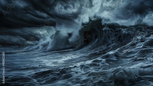 Fototapeta Naklejka Na Ścianę i Meble -  tsunami The sky is overcast. Perfect storm, tidal wave, tsunami, big wave.