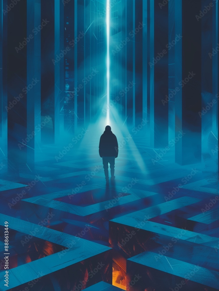 minimal illustration of a business man standing in an abstract futuristic maze with a glowing exit ahead minimal illustration of a business man standing in an abstract futuristic maze with a glowing exit ahead