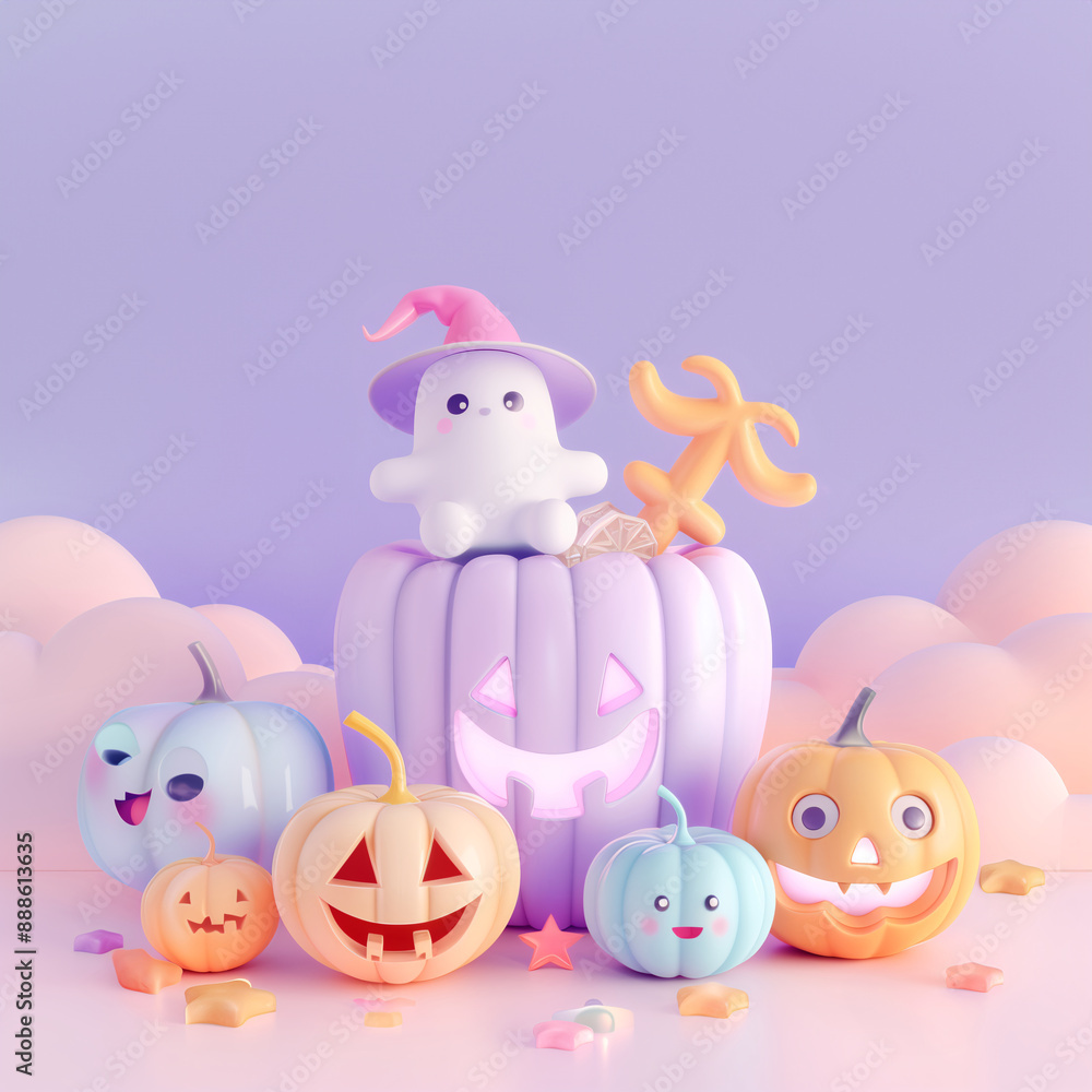 Naklejka premium Jack O'Lantern pumpkins and cute Halloween decorations in pastel purple color tone with copy space for text. Volume 5. Square aspect ratio.
