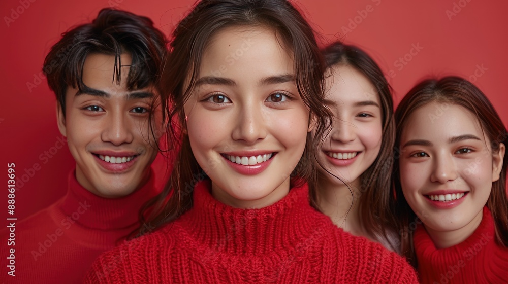 Smiling Group of Four Friends in Red
