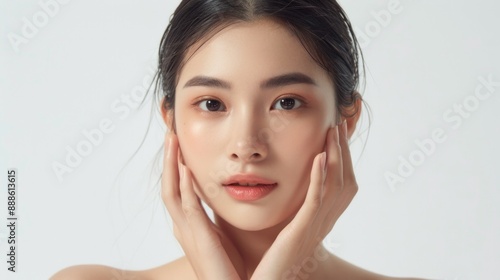 A woman with a very pretty face is shown with her hands on her face