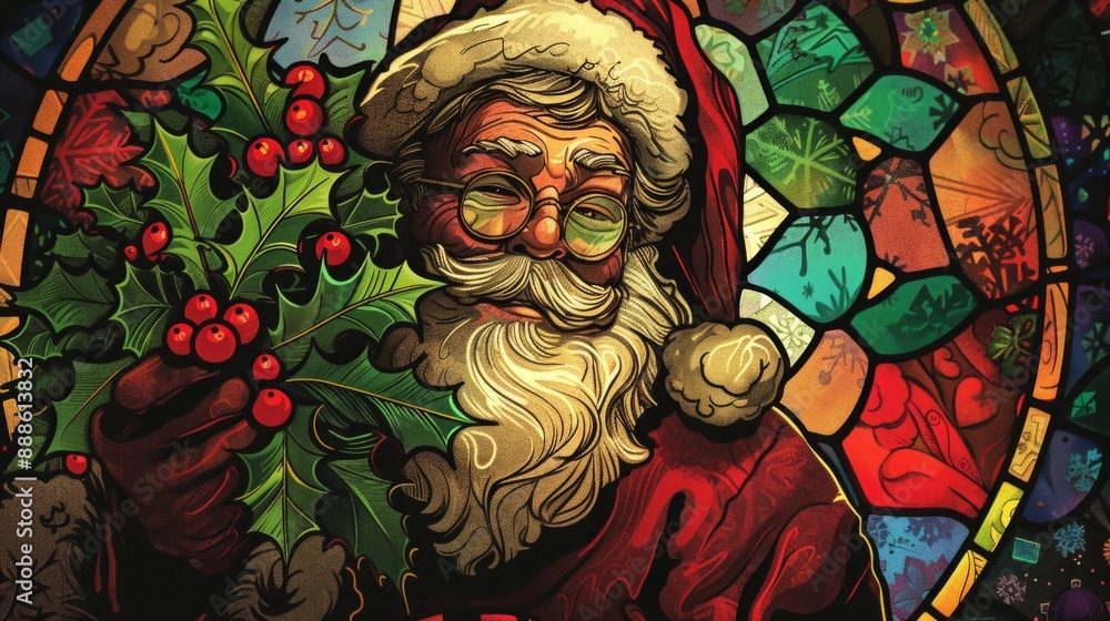 Obraz premium A man dressed as Santa Claus holding a wreath of holly