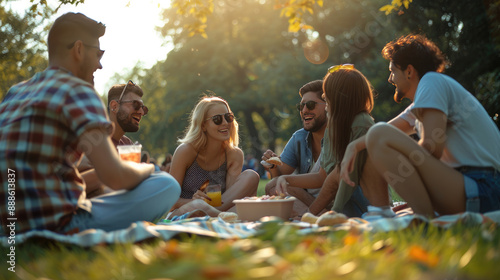 Fototapeta Naklejka Na Ścianę i Meble -  Friends enjoying a picnic in a park, sharing laughter and snacks under the sun. Joyful moments of friendship