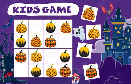 Kids Halloween sudoku game, patterned pumpkins. Vector riddle with cartoon painted gourds on checkered board. Educational task, children crossword teaser for spare time activity, recreation boardgame