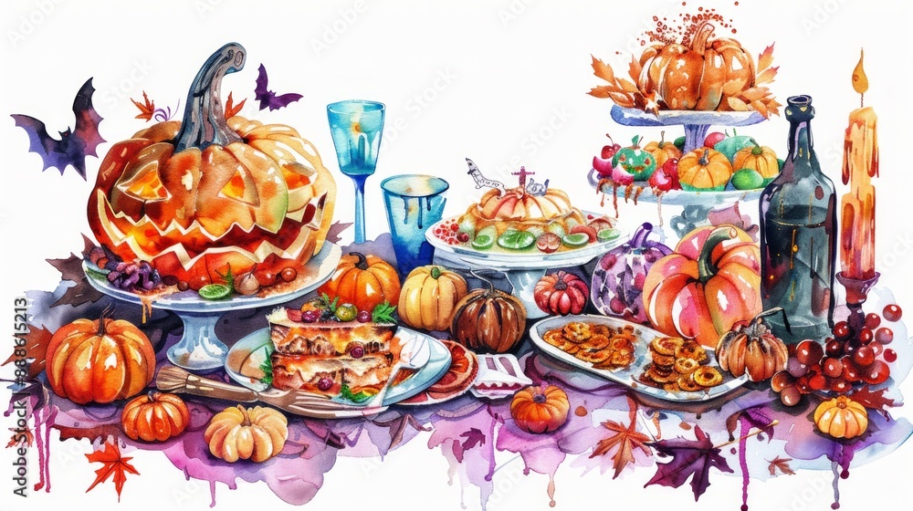 A painting of a table with a variety of food, including a pumpkin A painting of a table with a variety of food, including a pumpkin