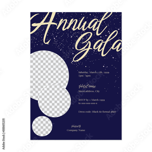 Annual gala invitation template, photo and gold typography on dark blue