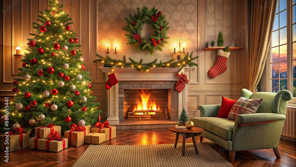 Cozy Christmas living room with fireplace, decorated tree, and stockings, cozy, Christmas, holiday, living room, fireplace, decorated Cozy Christmas living room with fireplace, decorated tree, and stockings, cozy, Christmas, holiday, living room, fireplace, decorated