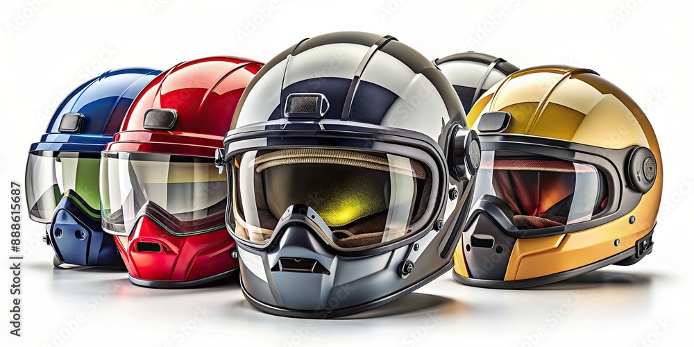 Fototapeta premium Collection of high-tech helmets for maximum protection, helmet, headgear, safety, isolated, gear, protective
