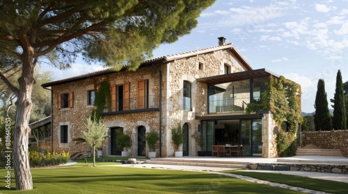 A large stone house with a tree in front of it