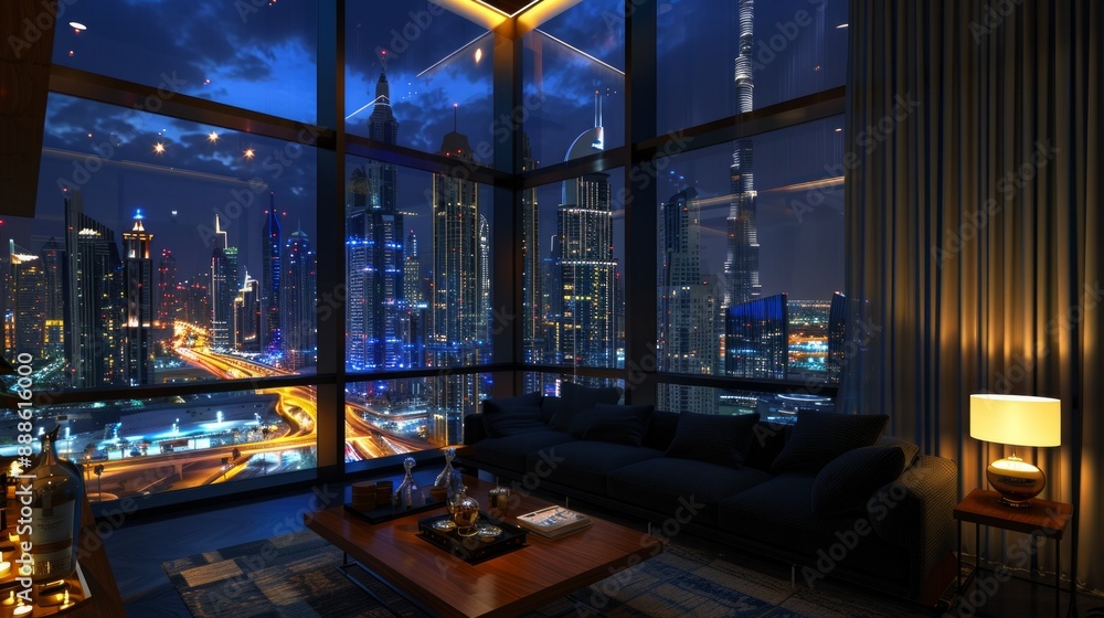 Fototapeta premium A large city view is shown through a window in a modern apartment