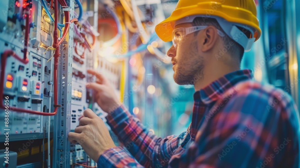 A man in a yellow helmet is working on a power line A man in a yellow helmet is working on a power line