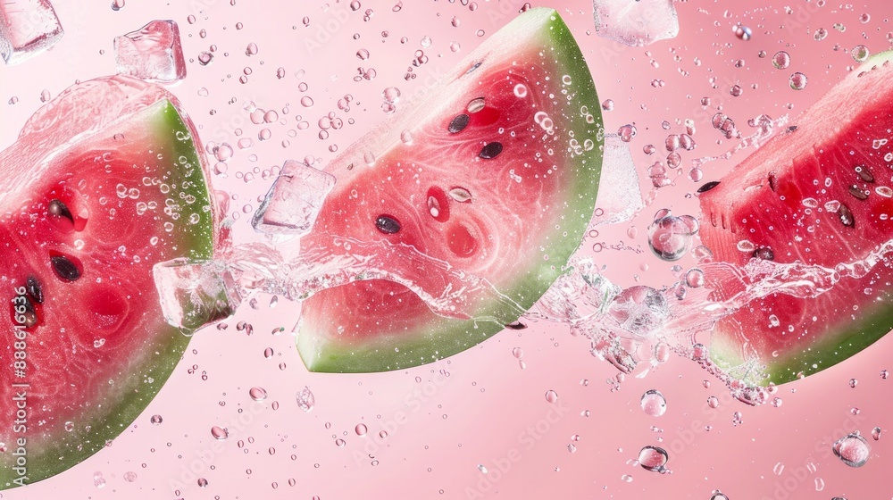 A close up of three slices of watermelon with ice cubes in the middle A close up of three slices of watermelon with ice cubes in the middle