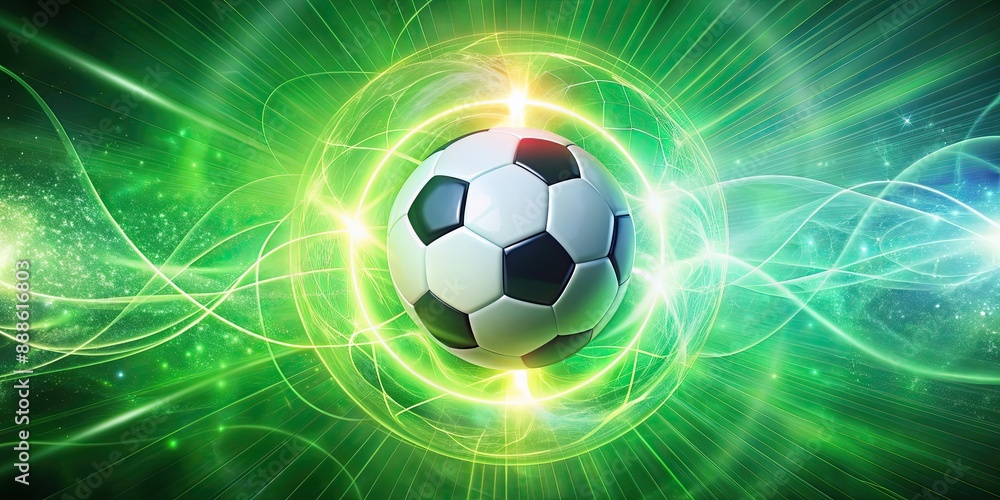 Naklejka premium Soccer ball surrounded by vibrant energy field on bright green background, soccer, ball, energy, field, vibrant, green