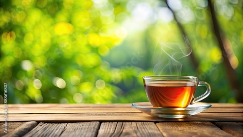Cup of tea on wooden table with blurred natural background, Tea, cup, wooden table, drink, beverage, hot, relaxation, morning