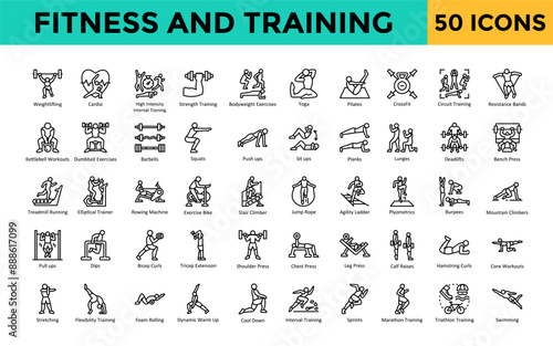 Fitness and Training icon set with weightlifting, cardio, high intensity interval training, strength training, bodyweight exercises, yoga, pilates, crossfit icon. Simple line vector 
