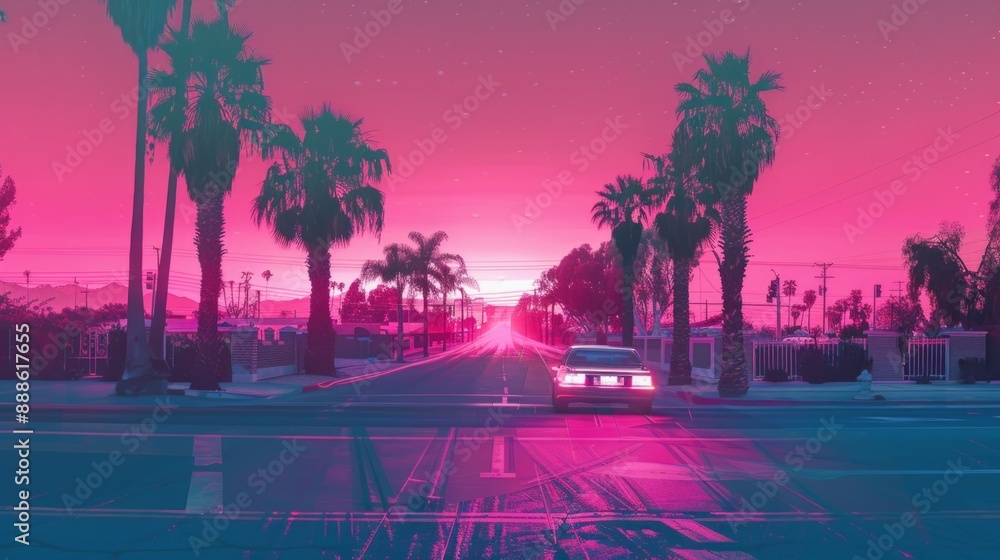 Naklejka premium A car is driving down a street in a city with palm trees in the background
