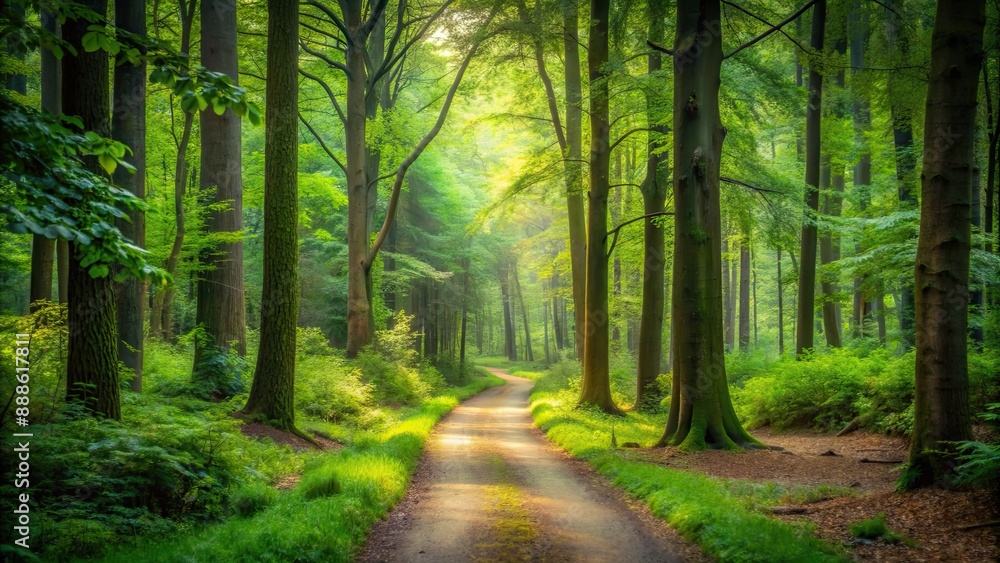 Obraz premium A serene path winding through a lush forest , Nature, Trees, Greenery, Peaceful, Serene, Trail, Woods, Tranquil, Outdoor