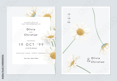 Wedding invitation template, white daisy flowers on grey background