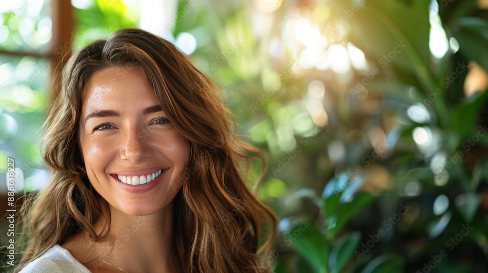 A beautiful woman with brown hair smiles at the camera, in her home environment. A beautiful woman with brown hair smiles at the camera, in her home environment.
