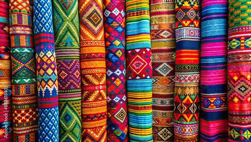 Colorful, handwoven textiles with intricate traditional patterns , vibrant, woven cloths, handmade, textiles, bright