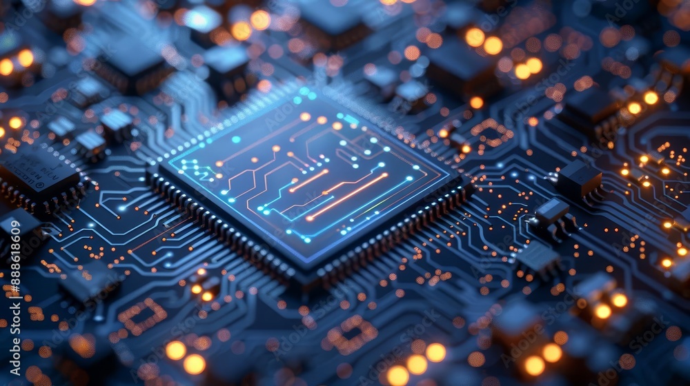 Close-up of high-resolution microchip render, floating holographic schematics, futuristic tech atmosphere Close-up of high-resolution microchip render, floating holographic schematics, futuristic tech atmosphere