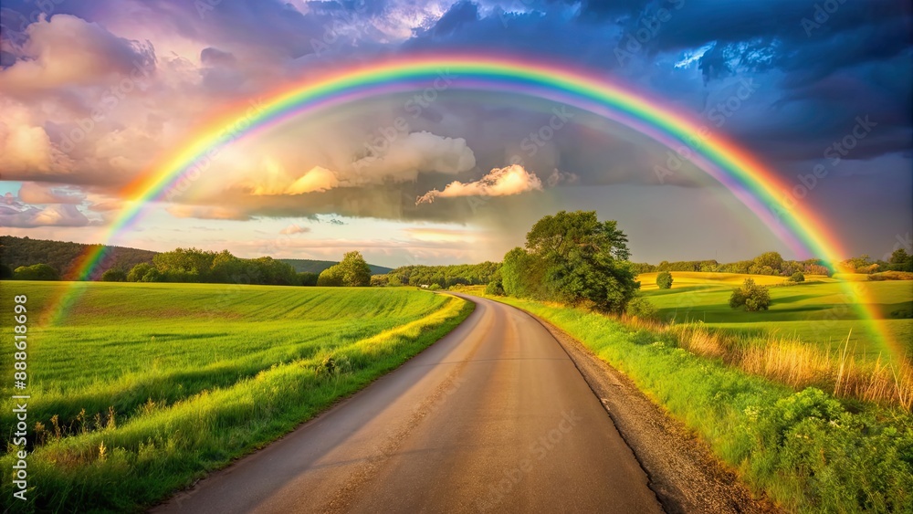 Rainbow arching over a scenic country road, nature, landscape, colorful, countryside, travel, beauty, vibrant, sky, clouds Rainbow arching over a scenic country road, nature, landscape, colorful, countryside, travel, beauty, vibrant, sky, clouds