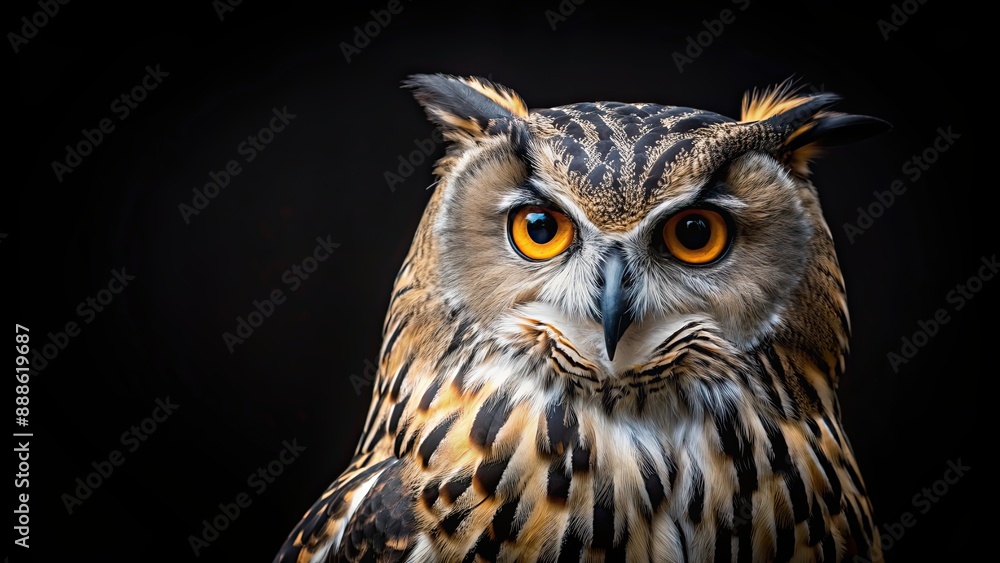 Majestic owl facing front on black background, owl, bird, nocturnal, wise, feathers, wildlife, nature, predator, beautiful Majestic owl facing front on black background, owl, bird, nocturnal, wise, feathers, wildlife, nature, predator, beautiful