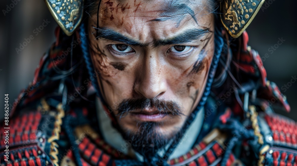 Head shot of a serious Japanese samurai looking into the camera. Head shot of a serious Japanese samurai looking into the camera.