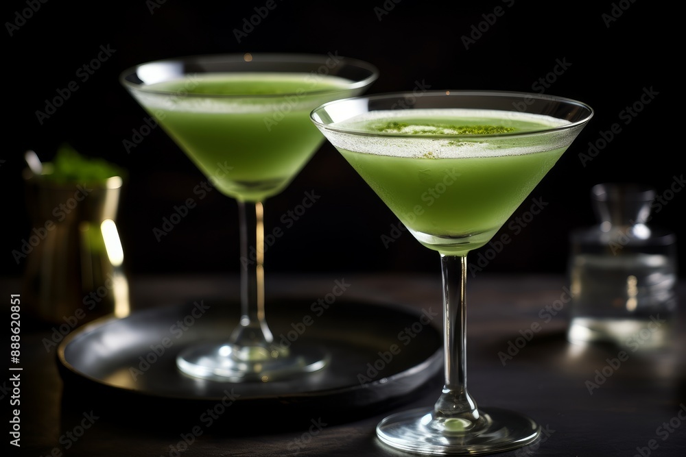 Glasses with the trendy martini matcha cocktail on the table in the bar. Glasses with the trendy martini matcha cocktail on the table in the bar.