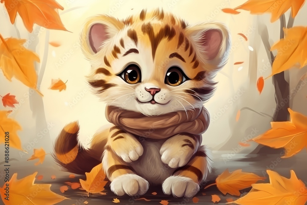 Autumn illustration. A tiger cub in a scarf in an autumn park, yellow and red leaves falling from the trees. Autumn illustration. A tiger cub in a scarf in an autumn park, yellow and red leaves falling from the trees.