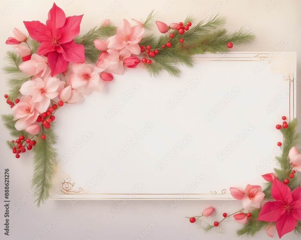 Floral Christmas frame with red and pink flowers, ideal for holiday greetings and decorations Floral Christmas frame with red and pink flowers, ideal for holiday greetings and decorations