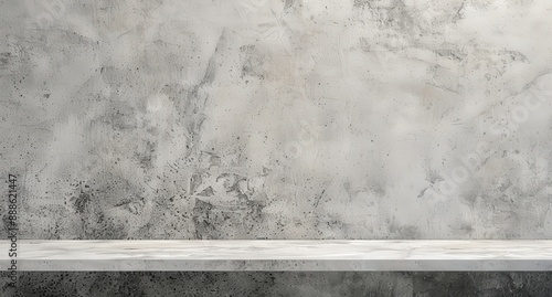 Abstract Light Grey Concrete Wall with Long Empty Marble Shelf for Product Display