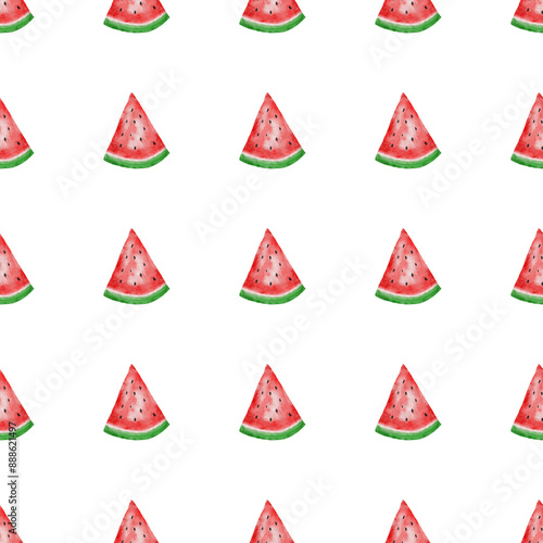 Seamless pattern of watery watermelon triangle slice in watercolor style. Seamless continuous pattern for fabric or paper.