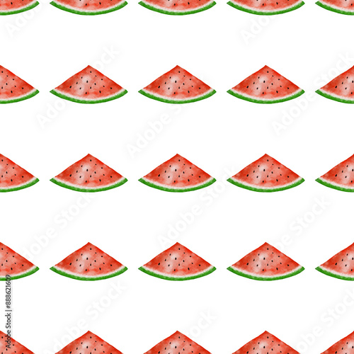 Seamless pattern of watery watermelon triangle slice in watercolor style. Seamless continuous pattern for fabric or paper.