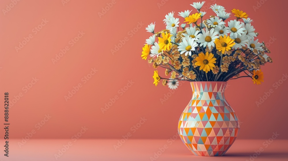 Art deco vase with geometric patterns holding whimsical daisies Art deco vase with geometric patterns holding whimsical daisies