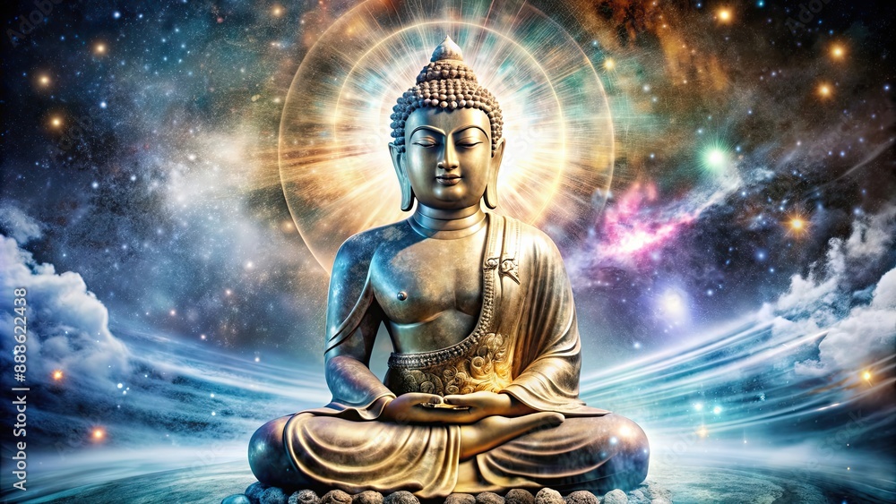 Mesmerizing Buddha statue in a surreal celestial realm with ethereal, spiritual vibes and majestic aesthetics , Buddha Mesmerizing Buddha statue in a surreal celestial realm with ethereal, spiritual vibes and majestic aesthetics , Buddha