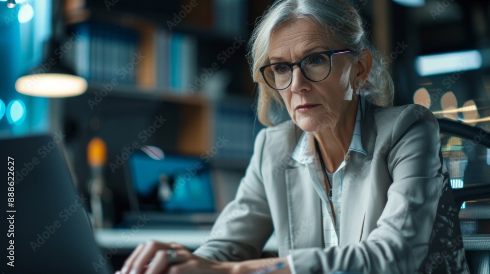 A woman in a gray suit is sitting at a desk with a laptop in front of her A woman in a gray suit is sitting at a desk with a laptop in front of her