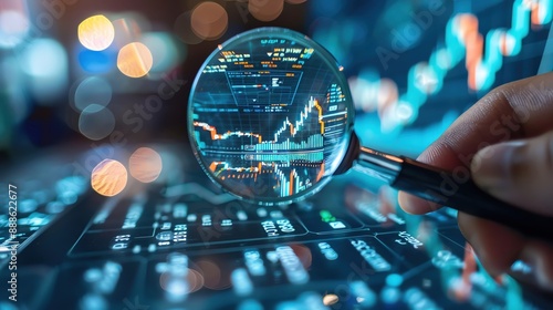 Market research strategy with a hand holding a magnifying glass over a digital chart, laptop in the background photo