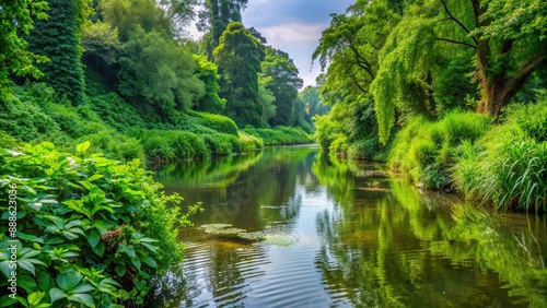 Overgrown river bank with lush plants and foliage, river, bank, overgrown, plants, foliage, greenery, nature, environment