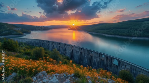 Sunset Over Hydroelectric Dam with Flowers. Picturesque sunset over a hydroelectric dam, framed by vibrant wildflowers and a serene reservoir, showcasing nature and technology.