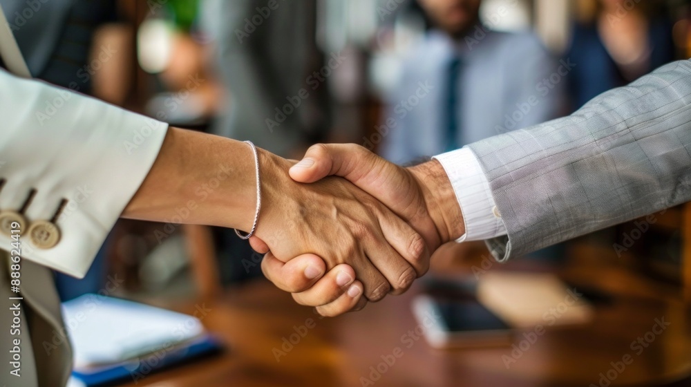 Two people shaking hands in a business setting Two people shaking hands in a business setting
