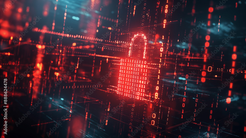 Obraz premium Digital padlock surrounded by cascading binary code on a dark, ominous background