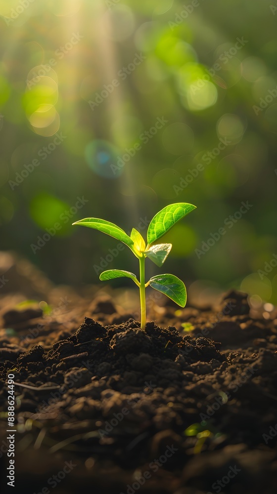 A beautiful green little plant coming out of the earthen soil with a beautiful blurred green background with sunbeams A beautiful green little plant coming out of the earthen soil with a beautiful blurred green background with sunbeams
