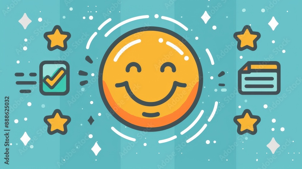 Happy Smiley Face with Stars, Checkmark, and Chart for Positive Concepts and Accomplishments Happy Smiley Face with Stars, Checkmark, and Chart for Positive Concepts and Accomplishments
