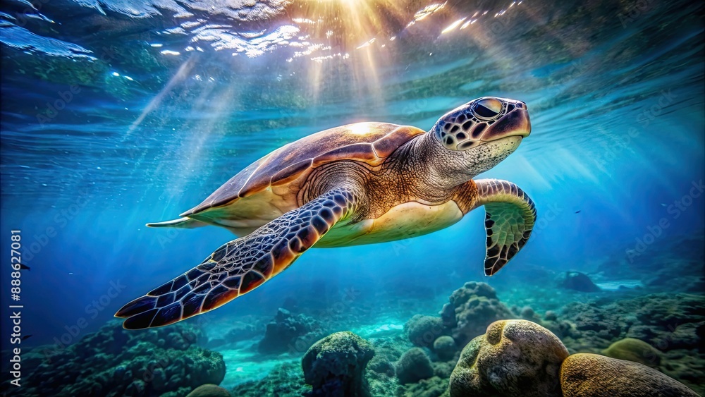 Fototapeta premium Majestic sea turtle swimming gracefully in the ocean , marine life, reptile, underwater, shell, wildlife, conservation