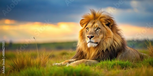 Majestic lion resting in the savanna, wildlife, predator, nature, safari, Africa, big cat, mane, king of the jungle