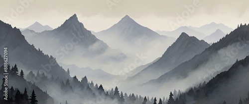 illustration of beauty mountains with mist 