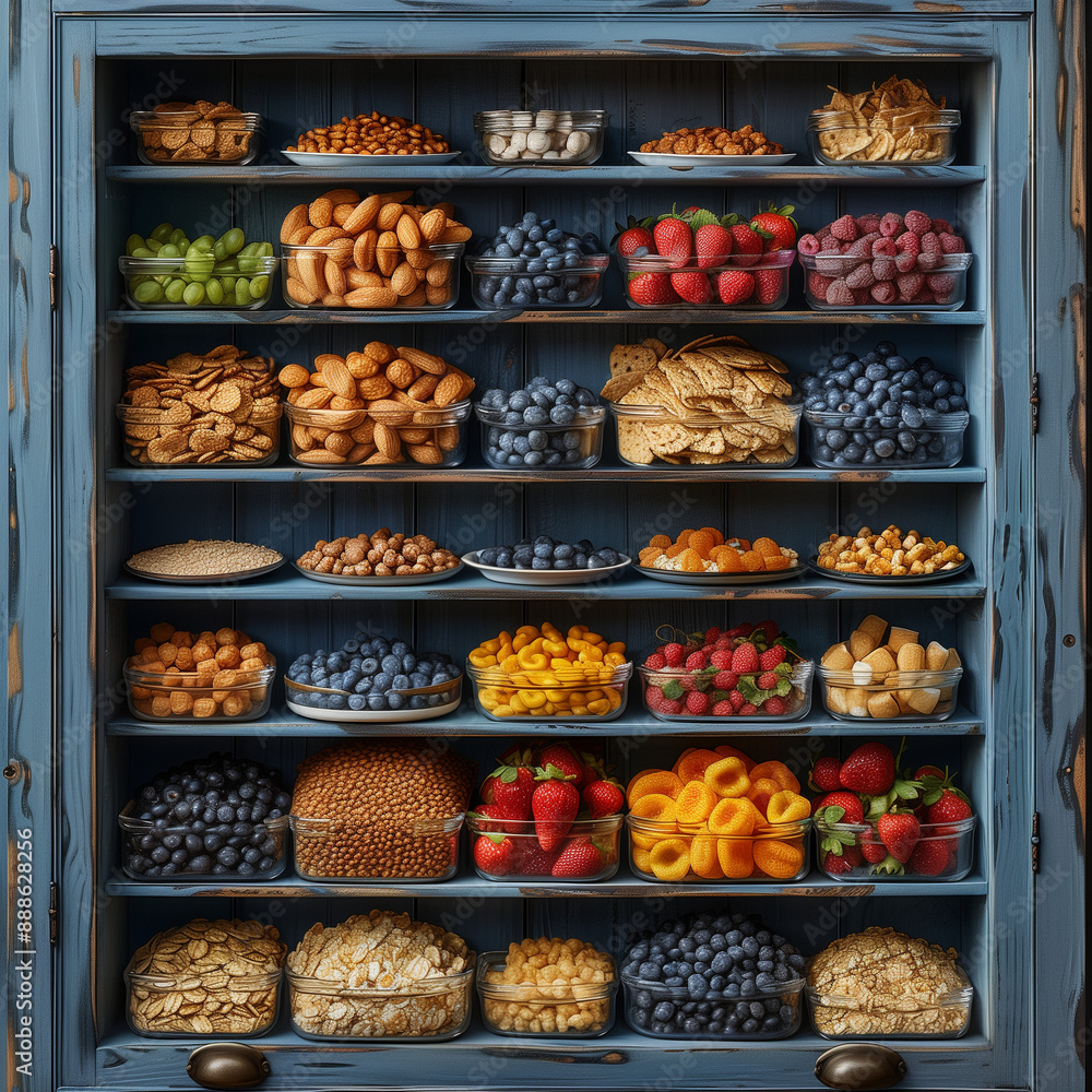 One Cabinet with Cereals Isolated on Indigo: Colorful and Convenient Kitchen Organization One Cabinet with Cereals Isolated on Indigo: Colorful and Convenient Kitchen Organization