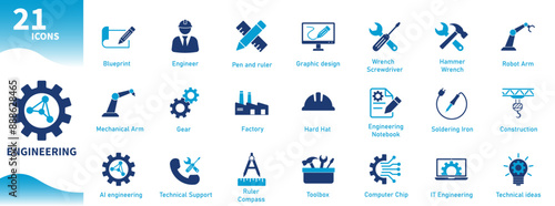 Engineering icon. Set of mechanical, gear, wrench, technology, robot arm, construction, engineer icons. Solid vector icon