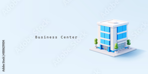 Business center building, 3D. White modern building with glass windows, for rent office, premises, development, and real estate investment. City high-rise building. Vector